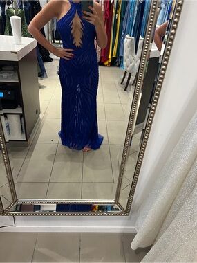 Halter Keyhole Sequin Prom Gown - Cobalt Blue